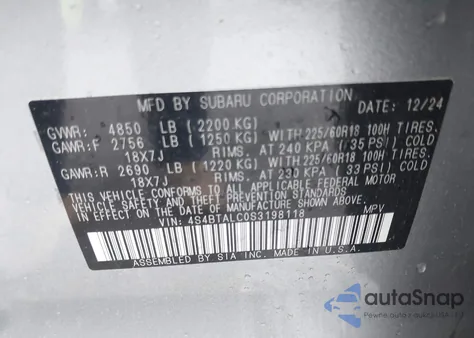 2025 Subaru Outback Onyx Edition from USA, damaged, VIN 4S4BTALC0S3198118